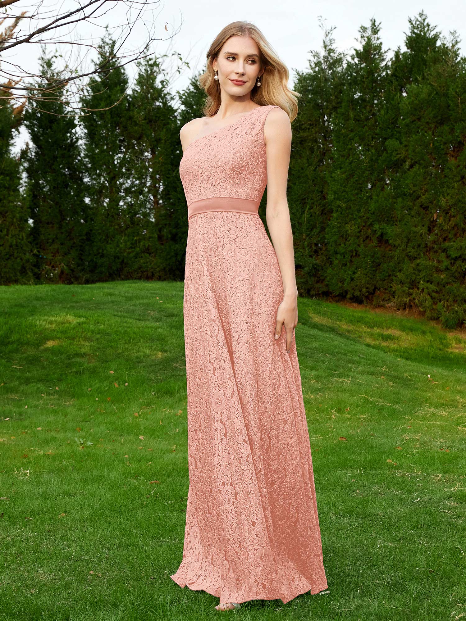 One Shoulder Sleeveless Lace Dress With Sash Coral